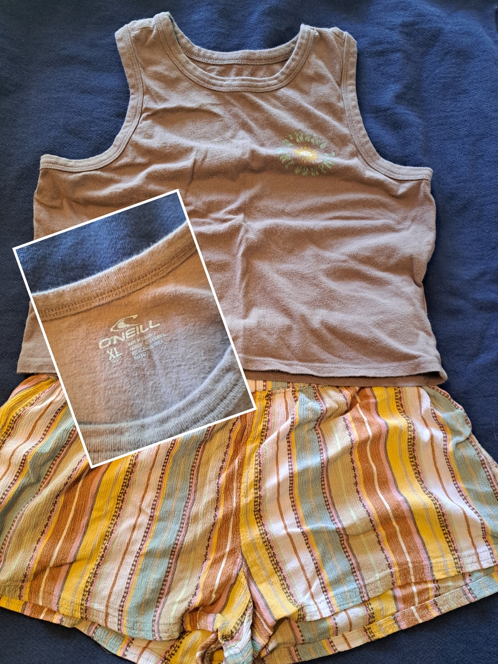 O'Neill Taupe Cropped Tank with Multicolor Stripe Shorts